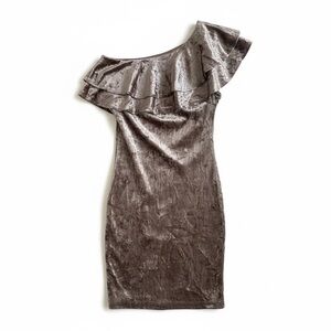 Forever 21 One-Shoulder Crushed Velvet Bodycon Dress – Taupe, Ruffled Neckline,